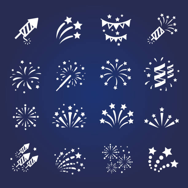 Firework white icon set with  burst Firework white icon set with  burst petard, stars.  celebration and party vector anniversary silhouettes stock illustrations