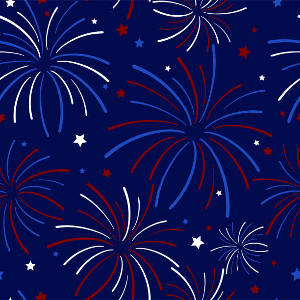 Fireworks and Stars Seamless Pattern Festive exploding fireworks and stars filling the night sky seamless pattern in colors of red, white, blue, and navy blue fireworks background stock illustrations