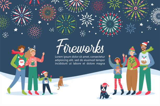 Fireworks festival invitation with happy families celebrating New Year holidays. Fireworks festival invitation with happy families celebrating New Year holidays happy new year dog stock illustrations