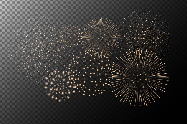 illustrazioni stock, clip art, cartoni animati e icone di tendenza di fuochi d'artificio isolati su sfondo trasparente. concetto di giorno dell'indipendenza. sfondo festivo e festivo. illustrazione vettoriale - fireworks