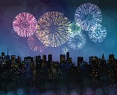 Vector illustration of fireworks over the city.