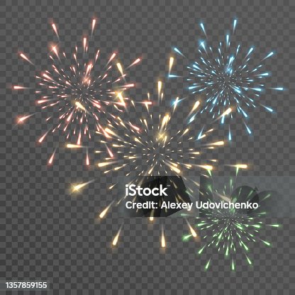 istock Fireworks with brightly shining sparks. Bright fireworks explosions isolated on transparent background. Festive sparks and explosions. Realistic light effect. Element for yor design. transparent. 1357859155