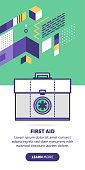 First aid kit vector banner illustration also contains icon for the topic.