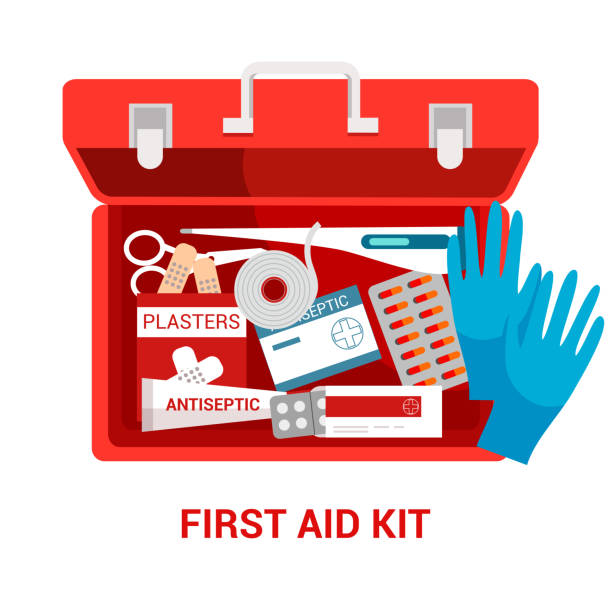 First aid kit flat vector illustration First aid kit flat vector illustration. Red box with medications. Emergency and paramedic service tool. Medical equipment isolated clipart on white background. Medicine and healthcare poster design first aid stock illustrations
