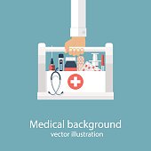 First aid kit in hands doctor. Medical background. Medical facilities with medicines and vaccinations. Vector illustration in flat design. Healthcare concept. Medical help. Emergency doctor.
