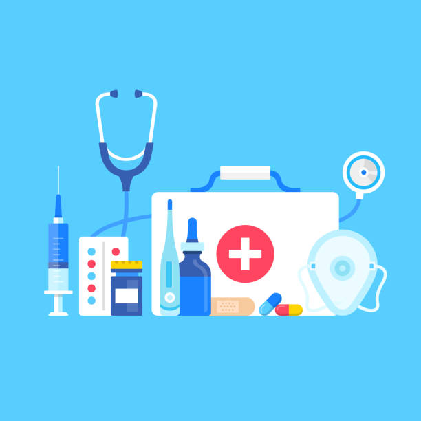First aid kit. Vector illustration. Medical supplies, medical equipment concepts. Flat design. First aid kit with medical cross, stethoscope, syringe, pocket mask, pills, thermometer, adhesive bandage First aid kit. Vector illustration. Medical supplies, medical equipment concepts. Flat design. First aid kit with medical cross, stethoscope, syringe, pocket mask, pills, thermometer, adhesive bandage medical equipment stock illustrations