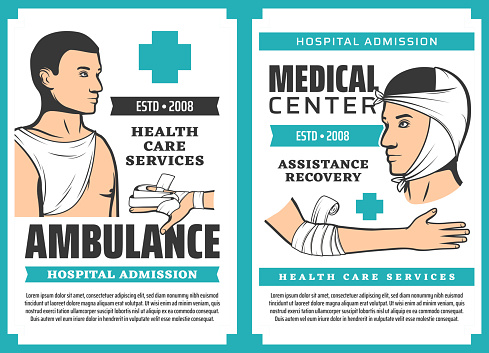 First aid service. Bandaging, ambulance, traumas