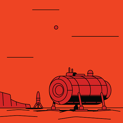 First base on the surface of mars with a return rocket and the Martian landscape and a small Sun in the background. Flat and bold design with bright monochrome colors and sharp black shadows. Warm orange.