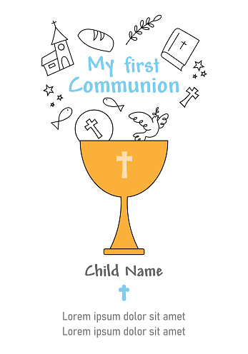 First communion card. Chalice with religion icons.