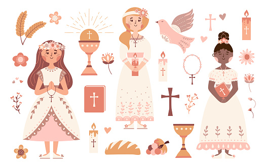 First communion vector set praying girls with Bible
