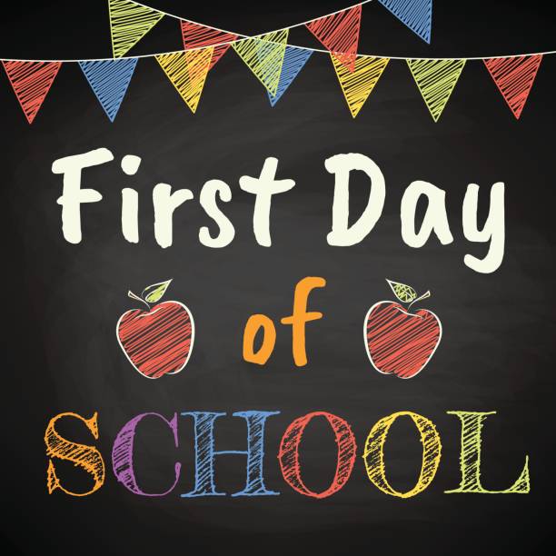 First Day of School First Day of School. Chalk text on blackboard. education borders stock illustrations