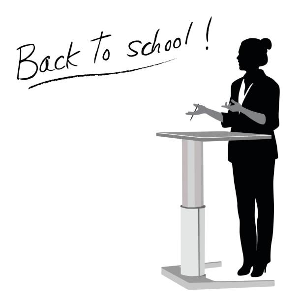 First Lectures School Back to school Silhouette Vector illustration of a teacher at her podium giving a lecture presentation speech silhouettes stock illustrations