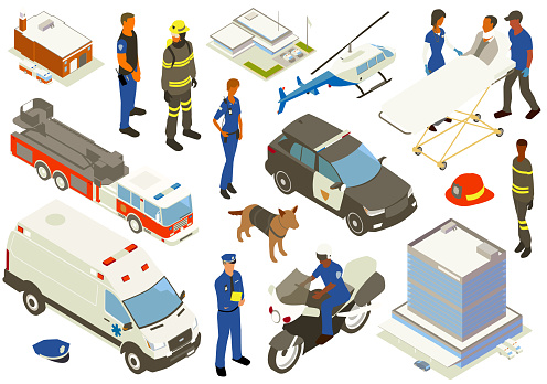 A collection of illustrations show various people, buildings, and vehicles related to first responders, including: police officers (policewoman, policemen, and police dog); firefighters in gear (man and woman); paramedics or EMTs with patient on gurney; ladder firetruck; ambulance; police car/police SUV; police motorcycle; helicopter; firehouse; police station; hospital building; and a police hat and fire helmet. All vehicles and other items are generic; no specific manufacturer is represented. Vector images shown on a white background in isometric view.
