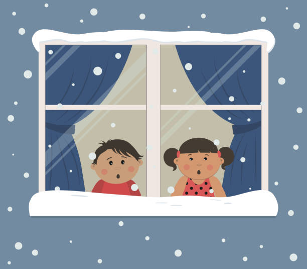 First snow. Children looks at the snow through the window vector art illustration
