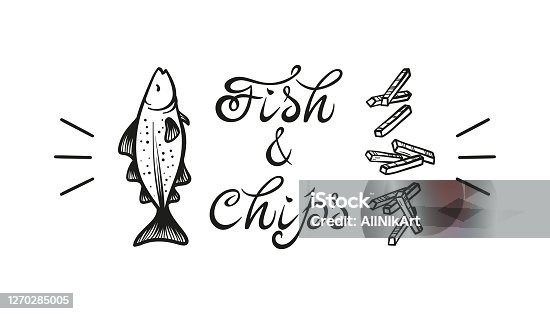 istock Fish and Chips. Traditional British Fast Food. Hand Drawn Sketch Cod Fish and Potato Fries. Seafood and Vegetables. Street Food Menu or Label Design. Vector illustration 1270285005