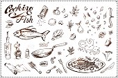 Fish cooking. Hand drawn vintage vector icons