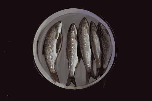 Illustration of five fish on a grey plate on black background