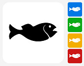Fish Icon. This 100% royalty free vector illustration features the main icon pictured in black inside a white square. The alternative color options in blue, green, yellow and red are on the right of the icon and are arranged in a vertical column.