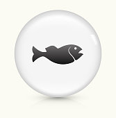 Fish Icon on simple white round button. This 100% royalty free vector button is circular in shape and the icon is the primary subject of the composition. There is a slight reflection visible at the bottom.