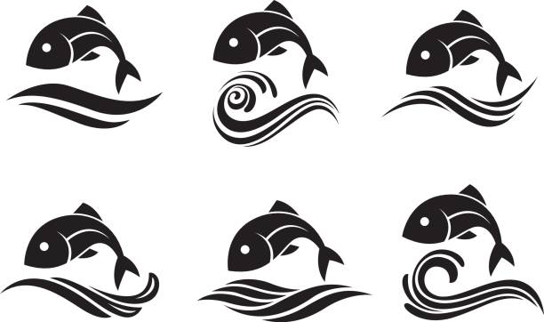 fish icon set collection of fish icon with waves river icons stock illustrations