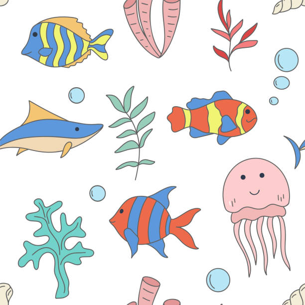 stockillustraties, clipart, cartoons en iconen met fish jellyfish and algae seamless pattern - zoetwaterkwal