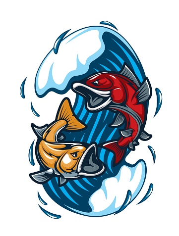 Fish mascot, fishing sport tattoo, fishes in wave