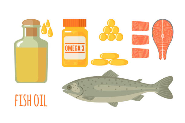 Fish oil vector icons set in flat style isolated on white background. Fish oil icons set in flat style isolated on white background. Healthy seafood, fish oil in bottle and softgel pills. Vector illustration. fish oil stock illustrations