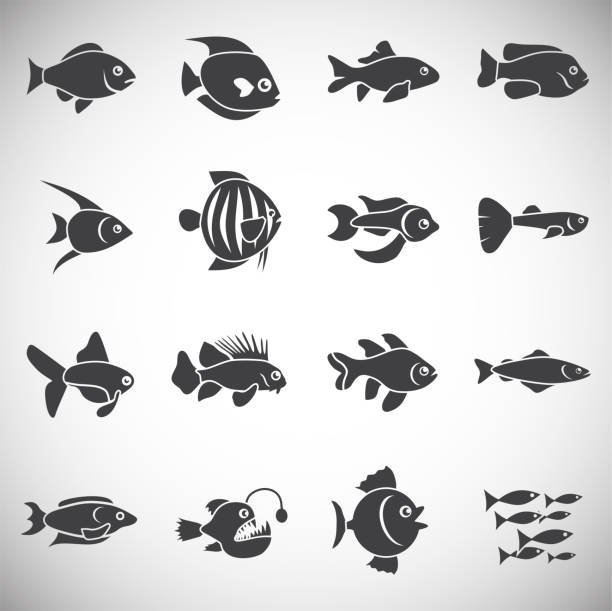 Fish related icons set on background for graphic and web design. Simple illustration. Internet concept symbol for website button or mobile app. Fish related icons set on background for graphic and web design. Simple illustration. Internet concept symbol for website button or mobile app stylized underwater nature set of icons stock illustrations
