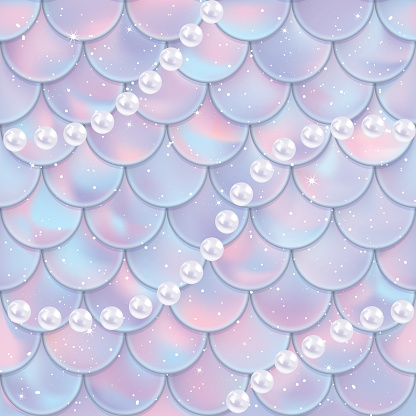 Fish scales and pearls seamless pattern. Mermaid tail texture. Vector illustration