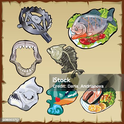 istock Fish set, traps, jaw and other image of piranha 508003712