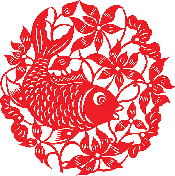 ryba z lotus (chiński tradycyjny papieru wyciąć sztuka) - happy new year stock illustrations