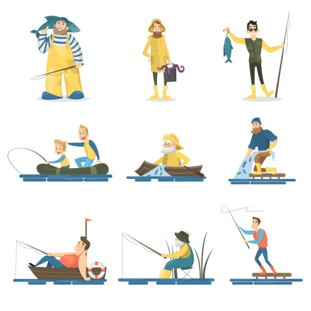 ilustrações de stock, clip art, desenhos animados e ícones de fisher people set. - fisherman