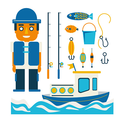 Fisherman and boat fishing and set Fishing rod cartoon vector