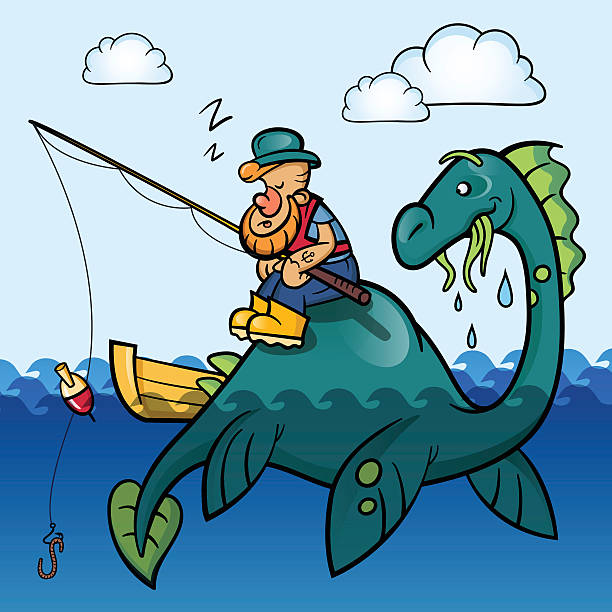 Fisherman and dinosaur Asleep scattered fisherman fishing on the sea dinosaur. Hand-drawn vector illustration for children. Ideal for t-shirt or case for gadget. loch ness monster stock illustrations