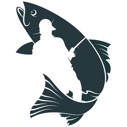Fisherman and fish catch. Sport fishing symbol