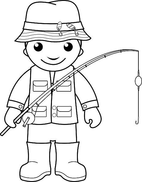 Fisherman - coloring page for kids Black and white outline image of fisherman with a rod printable of fish drawing stock illustrations
