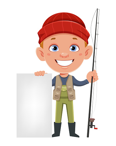 Fisherman holding fishing rod and blank placard