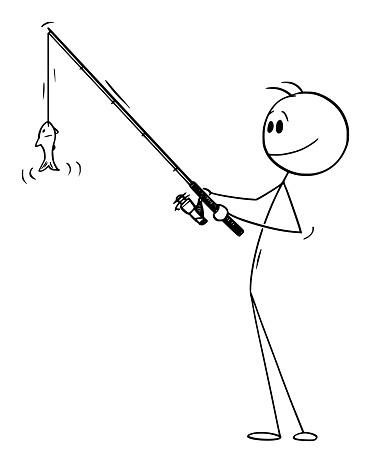 Fisherman Holding Rod and Fishing Small Fish , Vector Cartoon Stick Figure Illustration