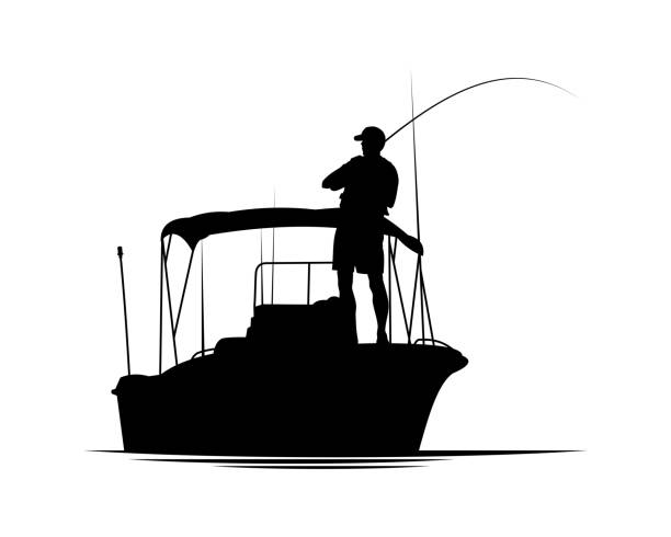 ilustrações de stock, clip art, desenhos animados e ícones de fisherman in boat silhouette - fisherman