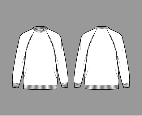 Fisherman Sweater technical fashion illustration with rib crewneck, long raglan sleeves, oversize, hip length, knit trim