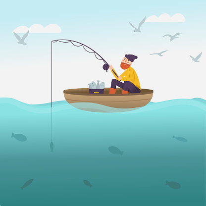 Pêcheur Avec La Canne À Pêche Sur Le Bateau Paysage De Mer Avec Le