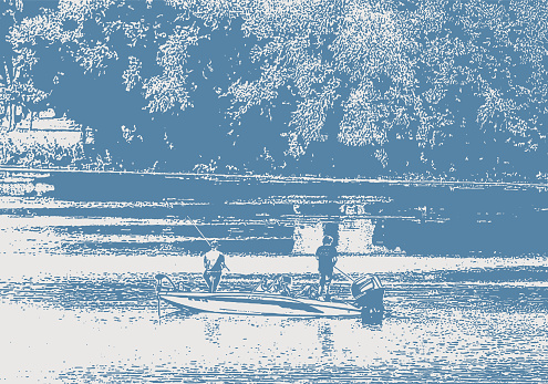 Vector illustration of 2 Fishermen freshwater fishing from boat