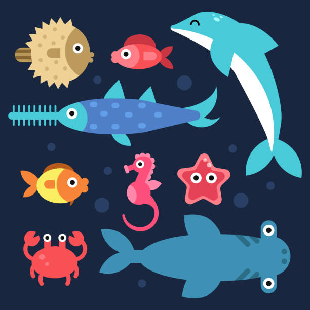 Fishes and others underwater animals. Stylized flat illustrations Fishes and others underwater animals. Stylized flat illustrations. Underwater sea fish, ocean nature, dolphin and seahorse vector stylized underwater nature set of icons stock illustrations