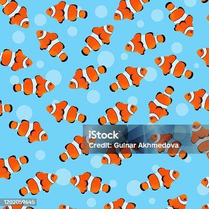 istock Fishes pattern design in vector. Sea animals pattern. Poisson clown fish pattern. Fishes background 1202059645