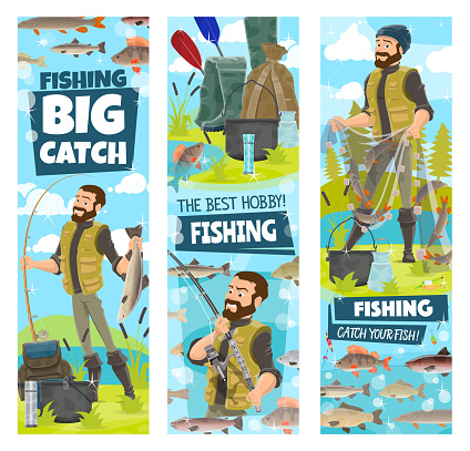 Fishing and fisher man fish catch in net banners