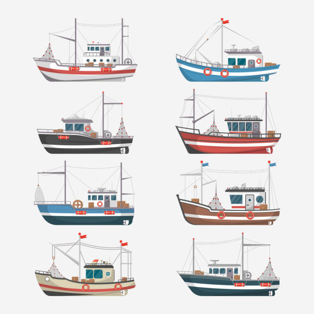 Fishing boats side view on white background Fishing boats side view isolated set. Commercial fishing trawlers for industrial seafood production vector illustration in flat style. Vintage marine ships, sea or ocean transportation collection. fishing boat stock illustrations