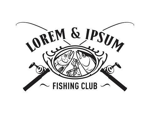 Fishing club emblem concept with fishes, drink and rods - cut out vector badge