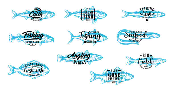 Fishing club, fish market and seafood symbols Fishing club, fish market and seafood vector symbols with lettering. Angling, fishing tournament and fisher lure tackles equipment shop. Tuna and eel, sardine, salmon and tuna fishes perch fish stock illustrations