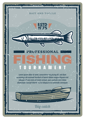 Fishing club tournament retro banner with fish