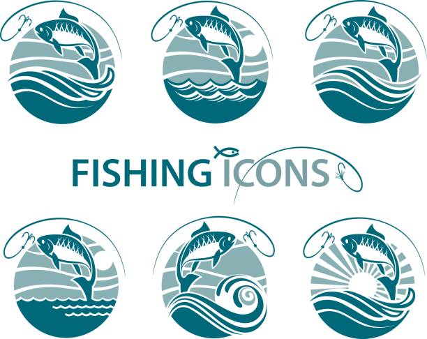 bildbanksillustrationer, clip art samt tecknat material och ikoner med fiske emblem set - bad catch